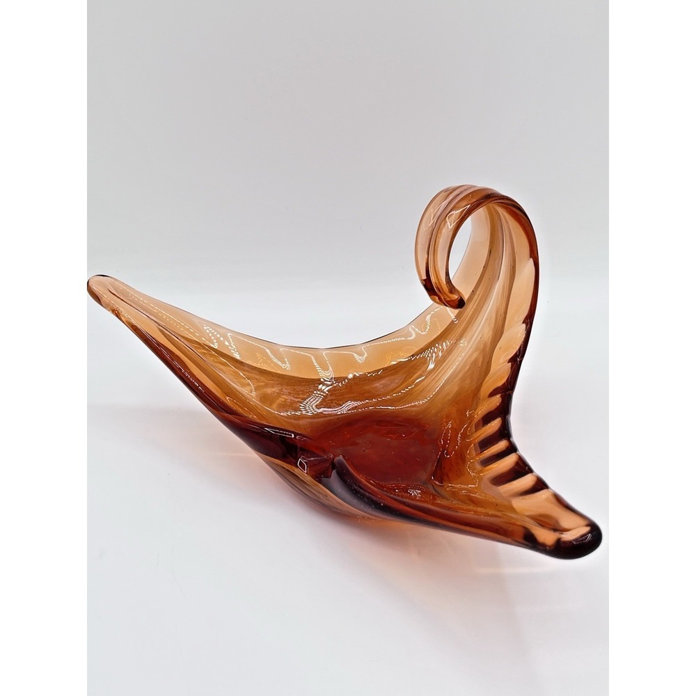 Vintage Hand Blown Art Glass Cornucopia Horn of Plenty Amber Decorative Dish 9"